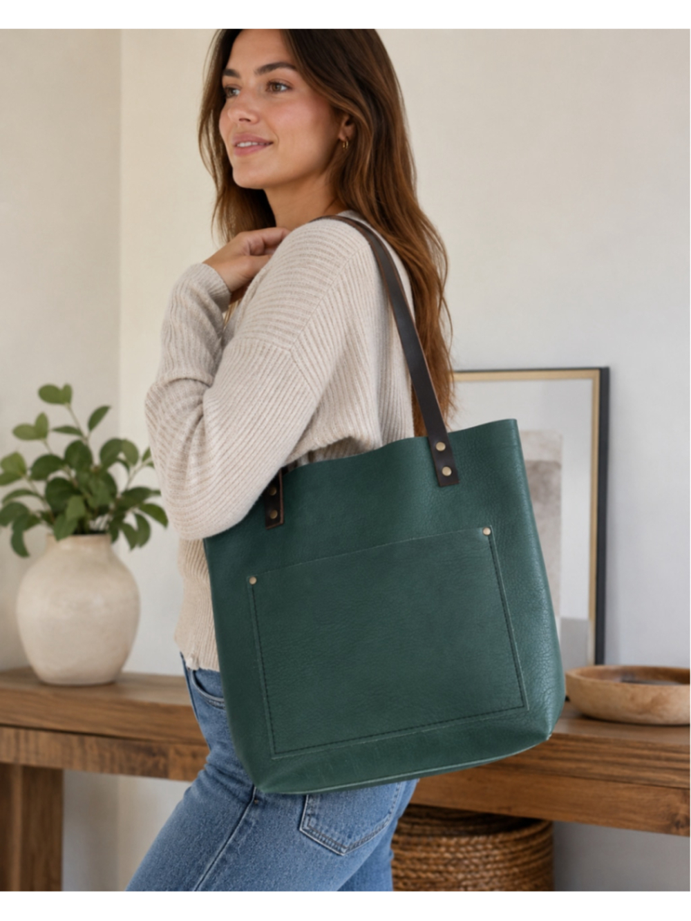 Green Leather Tote Bag with Dark Brown Straps